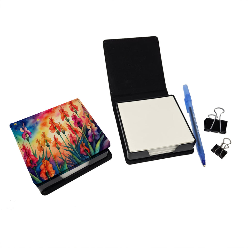 Colorful Gladiolus PU Leather Note Paper Holder with Artist-Designed Cover, Desk Accessory, Office Gift