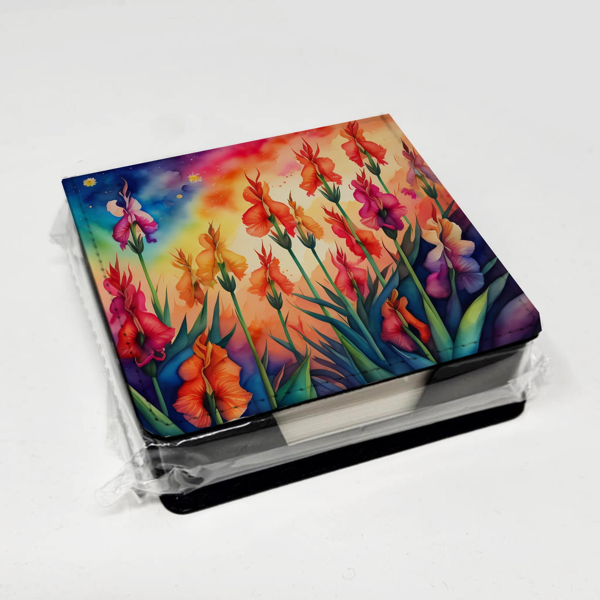 Colorful Gladiolus PU Leather Note Paper Holder with Artist-Designed Cover, Desk Accessory, Office Gift