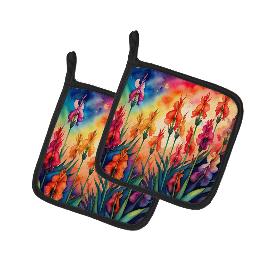Colorful Gladiolus Pot Holder Set of 2 Heat Resistant Quilted Hot Pads 7.5 x 7.5 Inch, Insulated Kitchen Trivets for Cooking & Baking