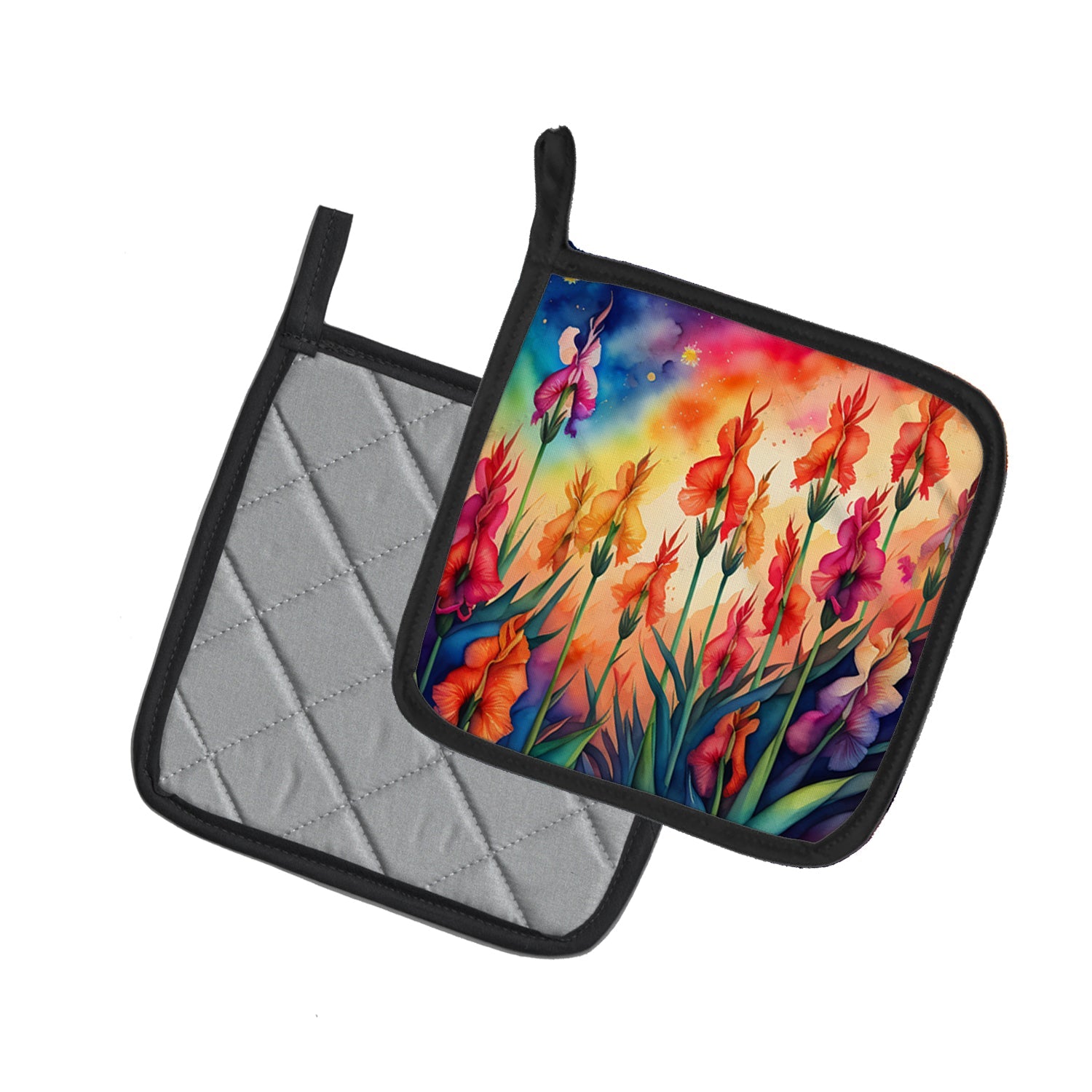 Colorful Gladiolus Pot Holder Set of 2 Heat Resistant Quilted Hot Pads 7.5 x 7.5 Inch, Insulated Kitchen Trivets for Cooking & Baking