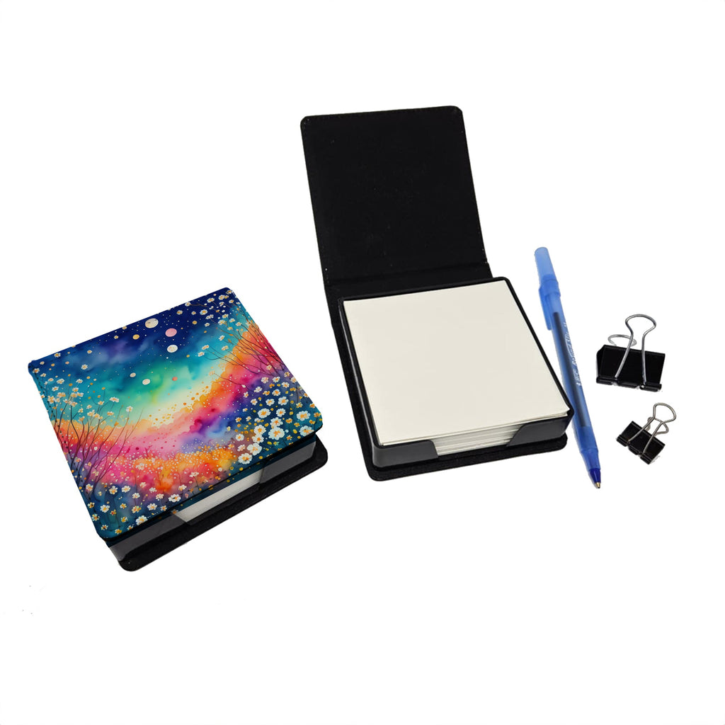 Colorful Gypsophila PU Leather Note Paper Holder with Artist-Designed Cover, Desk Accessory, Office Gift