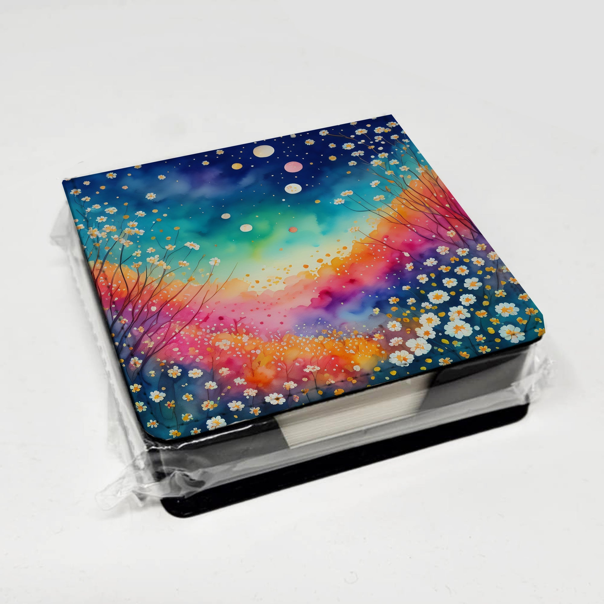 Colorful Gypsophila PU Leather Note Paper Holder with Artist-Designed Cover, Desk Accessory, Office Gift