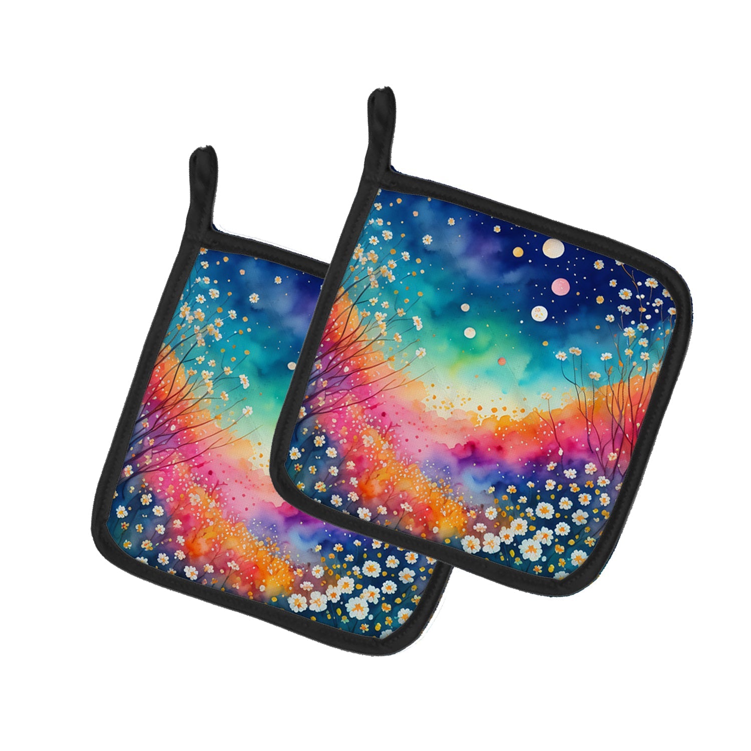 Colorful Gypsophila Pot Holder Set of 2 Heat Resistant Quilted Hot Pads 7.5 x 7.5 Inch, Insulated Kitchen Trivets for Cooking & Baking