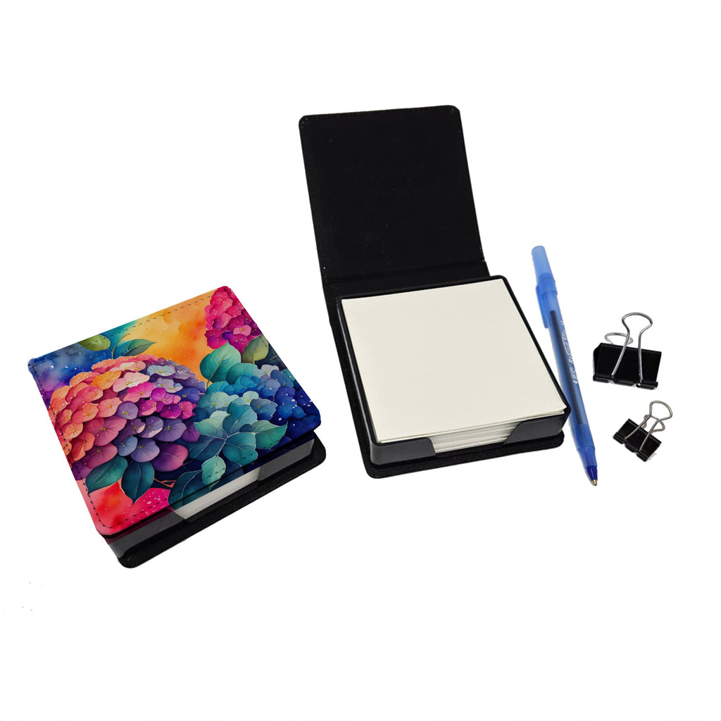 Colorful Hydrangeas PU Leather Note Paper Holder with Artist-Designed Cover, Desk Accessory, Office Gift
