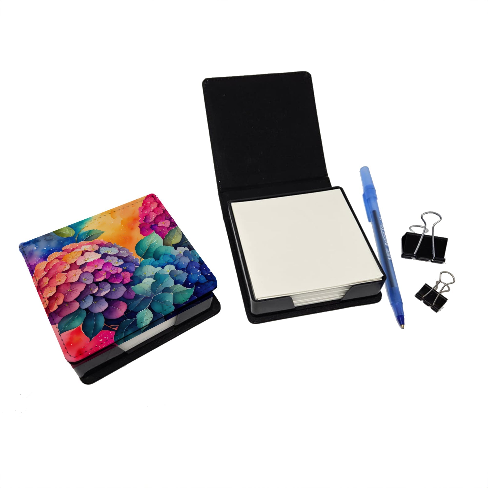 Colorful Hydrangeas PU Leather Note Paper Holder with Artist-Designed Cover, Desk Accessory, Office Gift