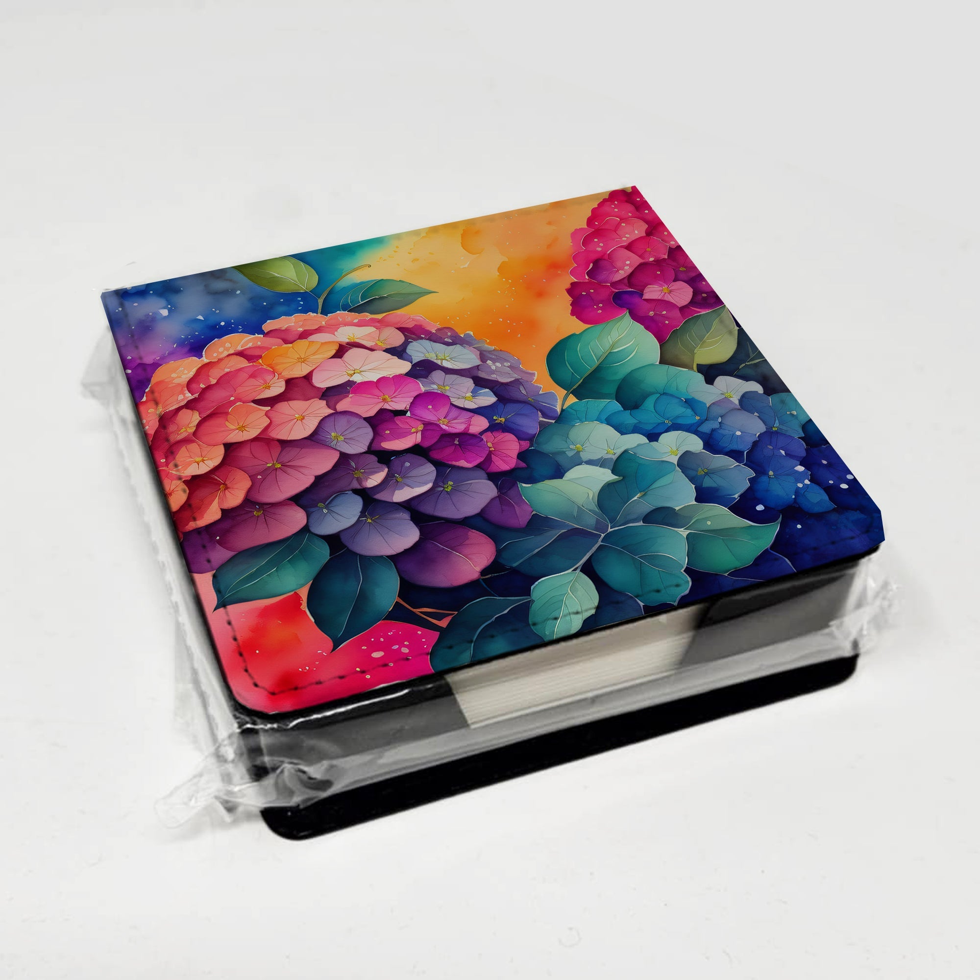 Colorful Hydrangeas PU Leather Note Paper Holder with Artist-Designed Cover, Desk Accessory, Office Gift