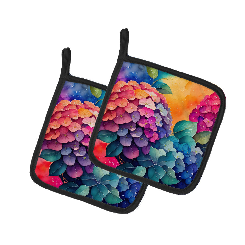 Colorful Hydrangeas Pot Holder Set of 2 Heat Resistant Quilted Hot Pads 7.5 x 7.5 Inch, Insulated Kitchen Trivets for Cooking & Baking