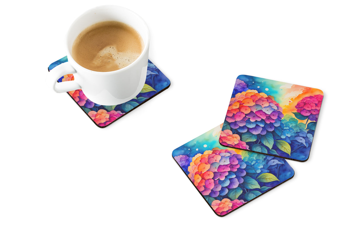 Colorful Hydrangeas Foam Coasters Set of 4 Cup Coasters for Indoor Outdoor, Tabletop Protection, Anti Slip, Mouse pad Material