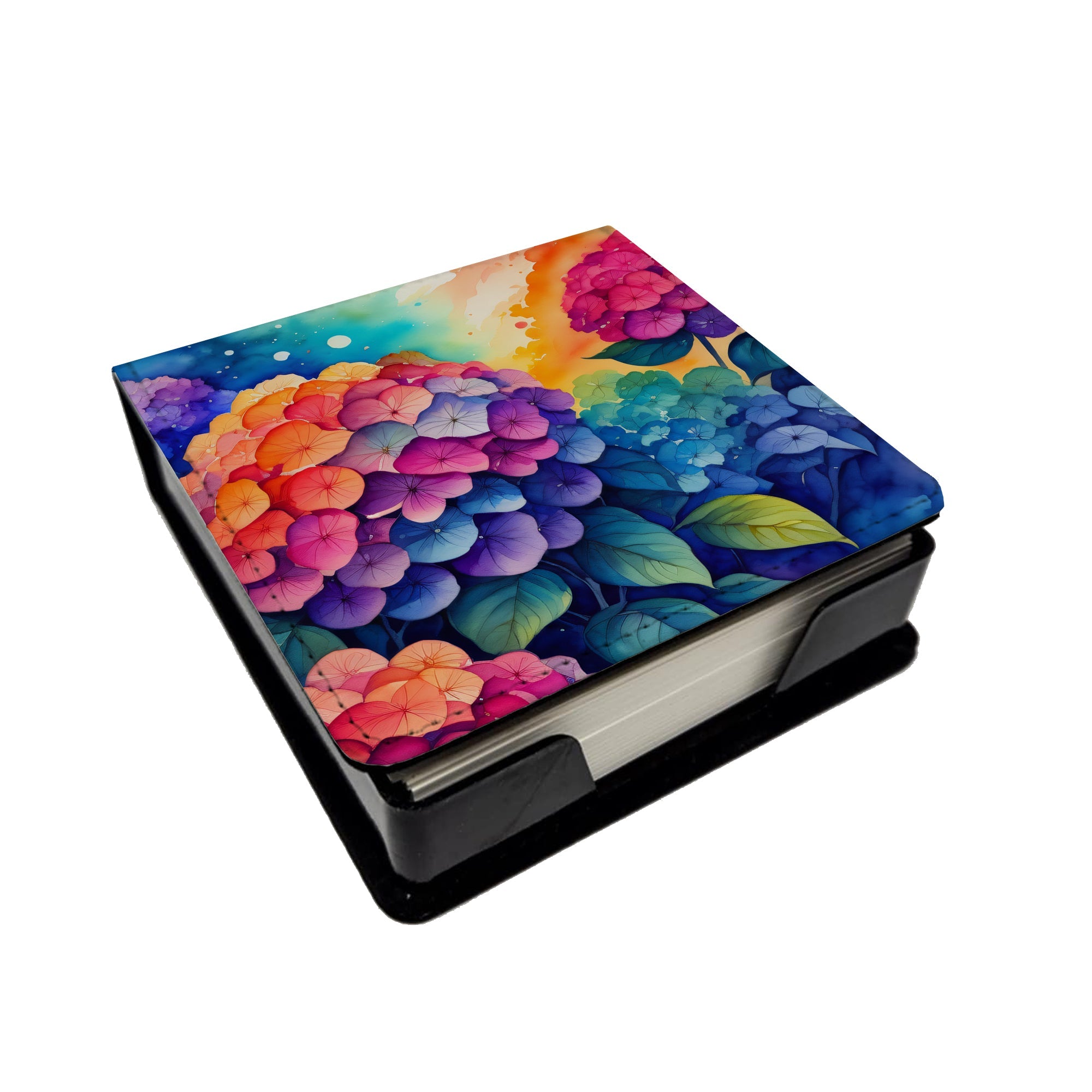 Colorful Hydrangeas PU Leather Note Paper Holder with Artist-Designed Cover, Desk Accessory, Office Gift