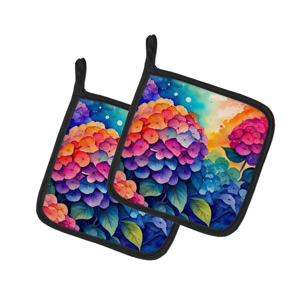 Colorful Hydrangeas Pot Holder Set of 2 Heat Resistant Quilted Hot Pads 7.5 x 7.5 Inch, Insulated Kitchen Trivets for Cooking & Baking