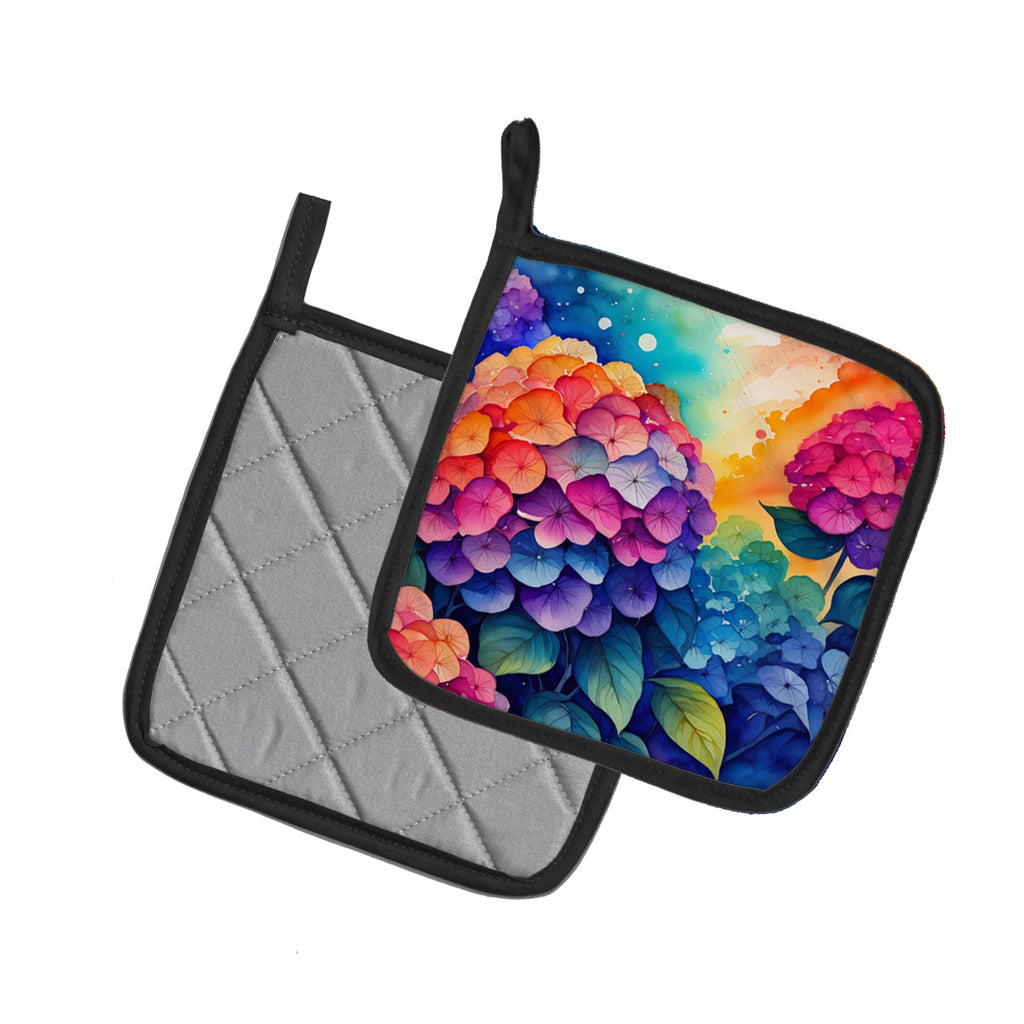Colorful Hydrangeas Pot Holder Set of 2 Heat Resistant Quilted Hot Pads 7.5 x 7.5 Inch, Insulated Kitchen Trivets for Cooking & Baking