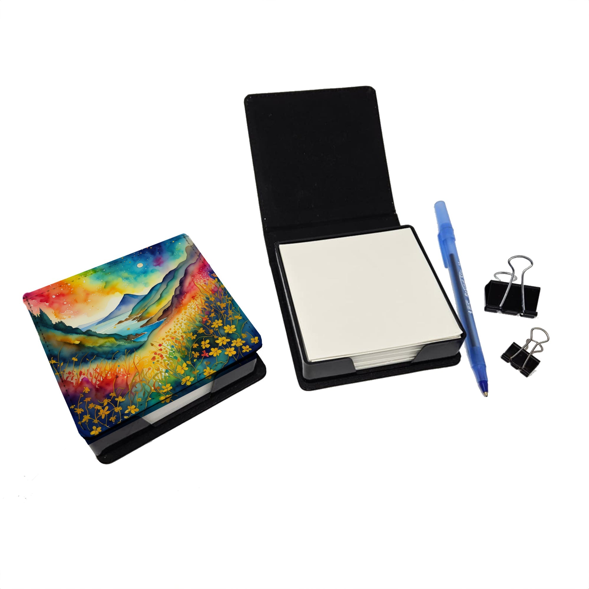 Colorful Hypericum or St. John’s Wort PU Leather Note Paper Holder with Artist-Designed Cover, Desk Accessory, Office Gift