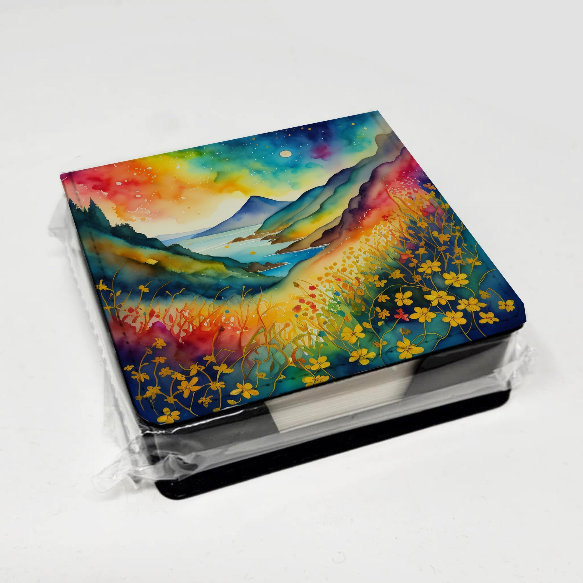 Colorful Hypericum or St. John’s Wort PU Leather Note Paper Holder with Artist-Designed Cover, Desk Accessory, Office Gift