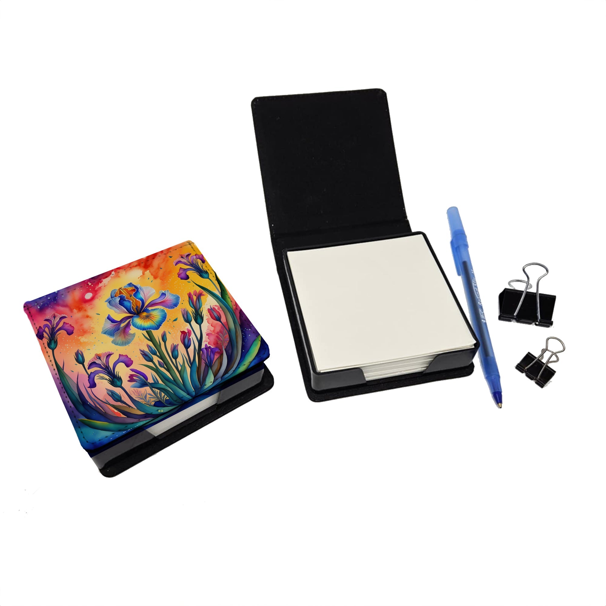 Colorful Iris PU Leather Note Paper Holder with Artist-Designed Cover, Desk Accessory, Office Gift