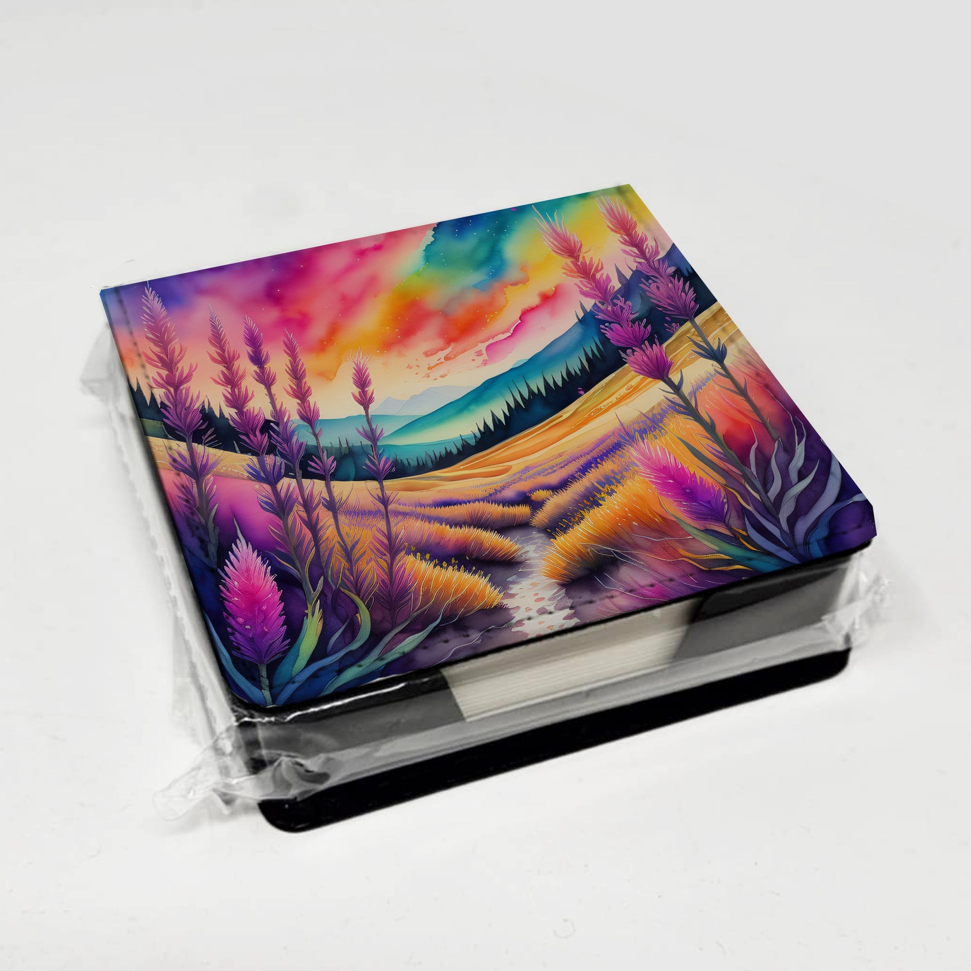 Colorful Liatris PU Leather Note Paper Holder with Artist-Designed Cover, Desk Accessory, Office Gift