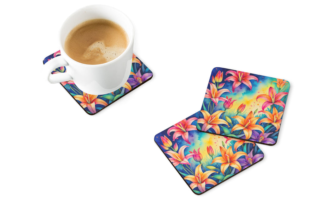 Colorful Lilies Foam Coasters Set of 4 Cup Coasters for Indoor Outdoor, Tabletop Protection, Anti Slip, Mouse pad Material