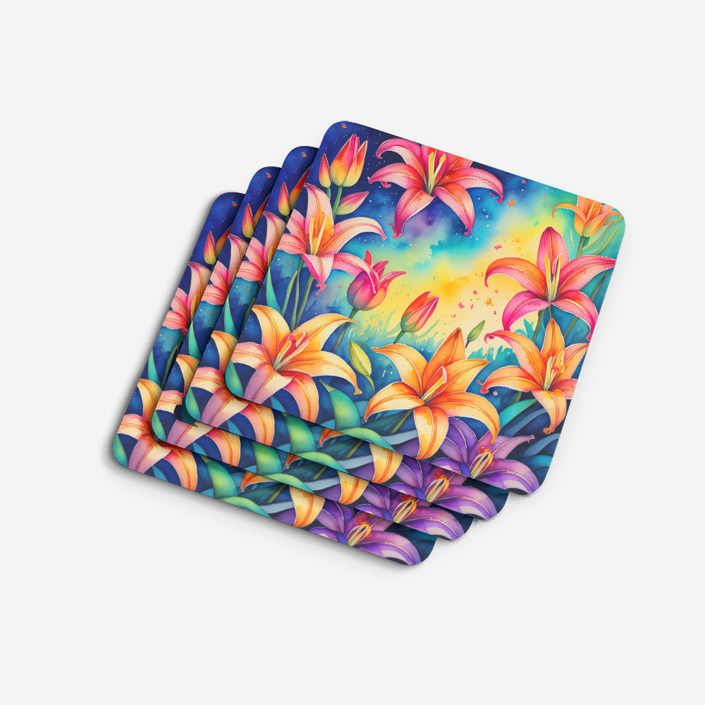 Colorful Lilies Foam Coasters Set of 4 Cup Coasters for Indoor Outdoor, Tabletop Protection, Anti Slip, Mouse pad Material