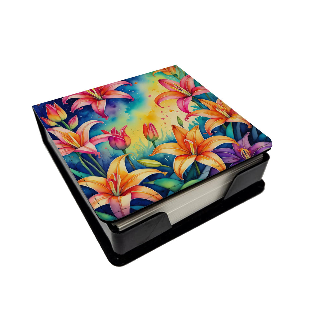 Colorful Lilies PU Leather Note Paper Holder with Artist-Designed Cover, Desk Accessory, Office Gift