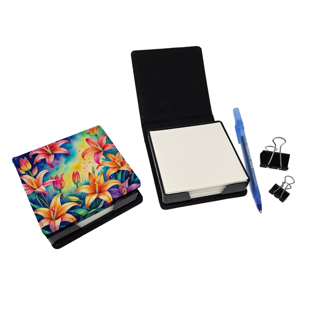 Colorful Lilies PU Leather Note Paper Holder with Artist-Designed Cover, Desk Accessory, Office Gift