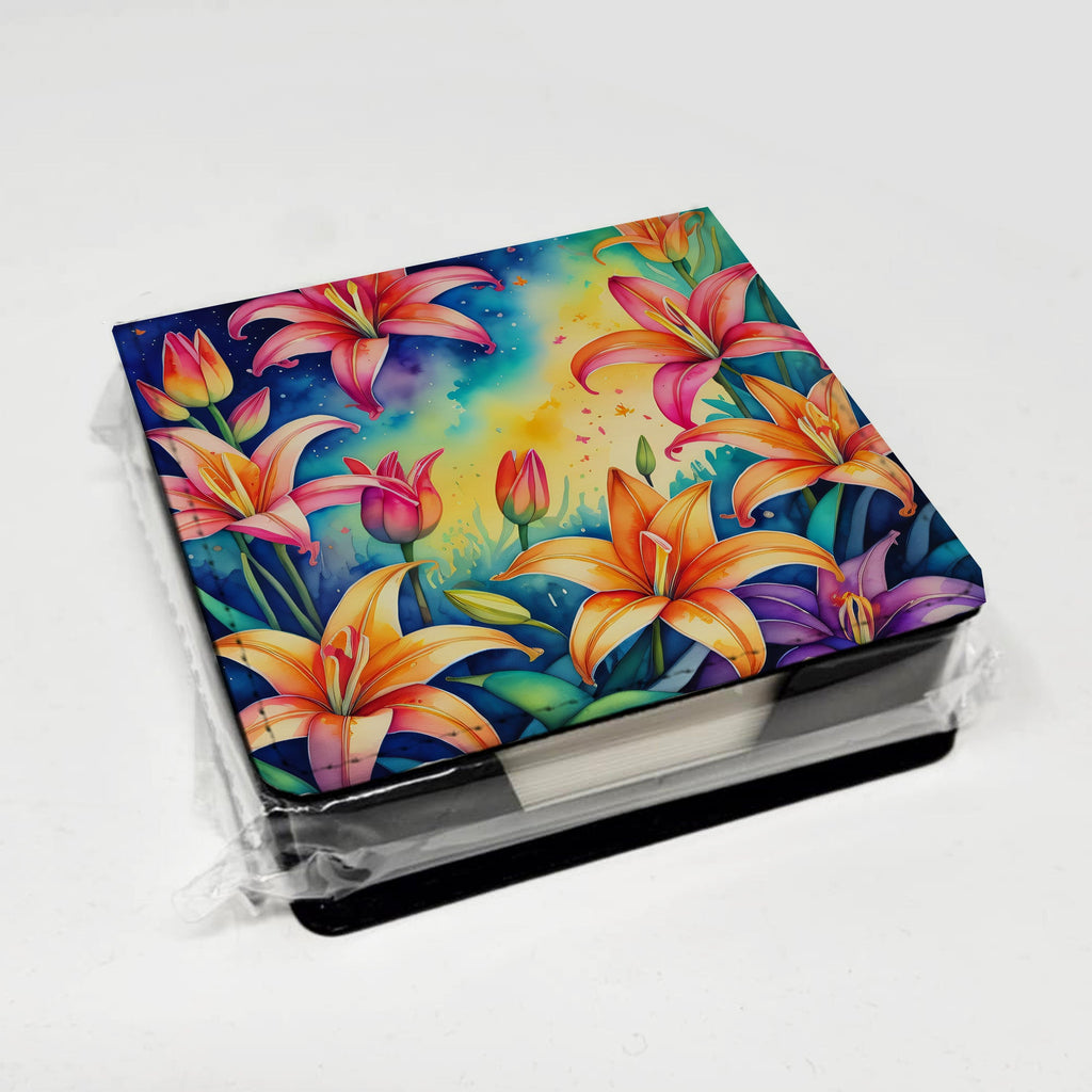 Colorful Lilies PU Leather Note Paper Holder with Artist-Designed Cover, Desk Accessory, Office Gift