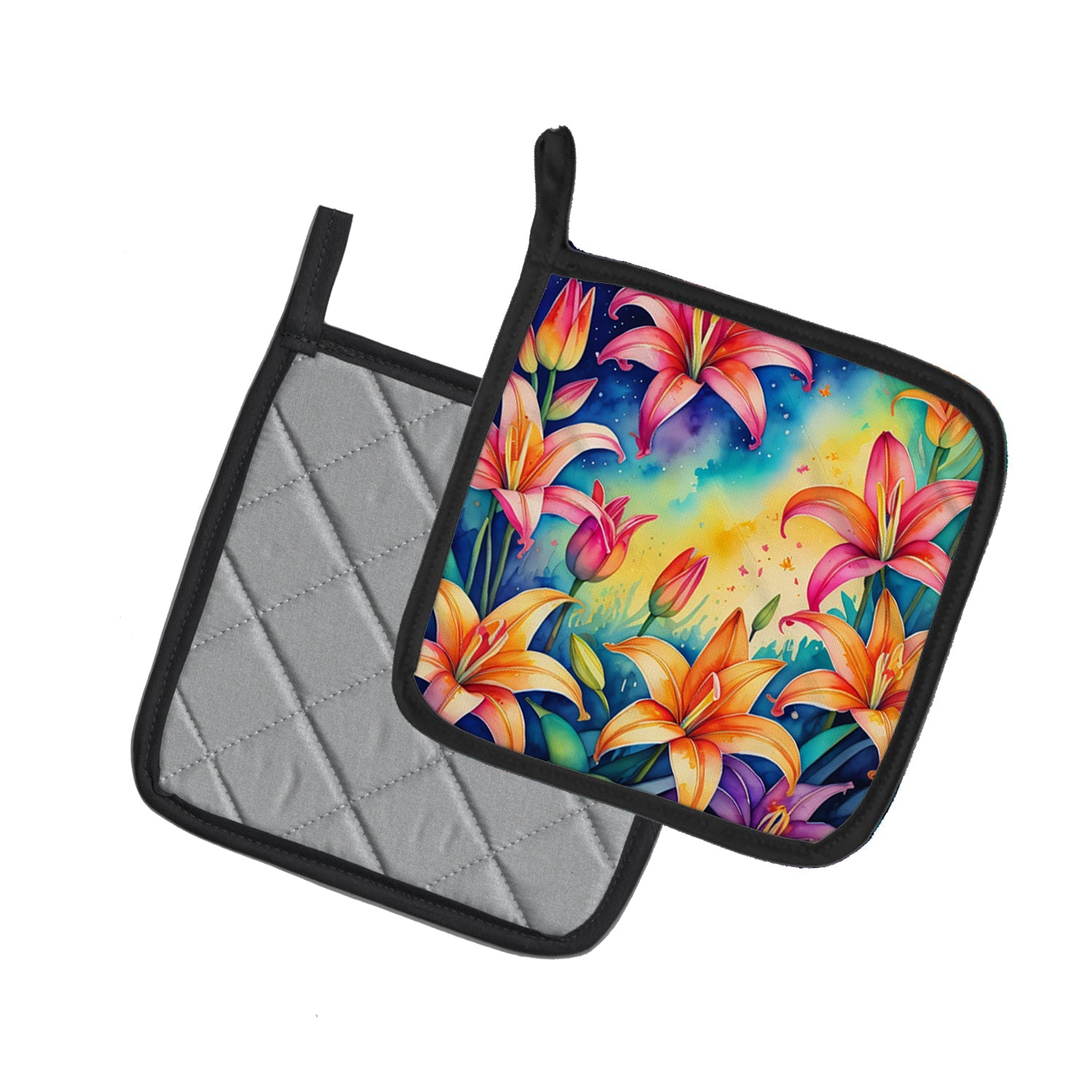 Colorful Lilies Pot Holder Set of 2 Heat Resistant Quilted Hot Pads 7.5 x 7.5 Inch, Insulated Kitchen Trivets for Cooking & Baking