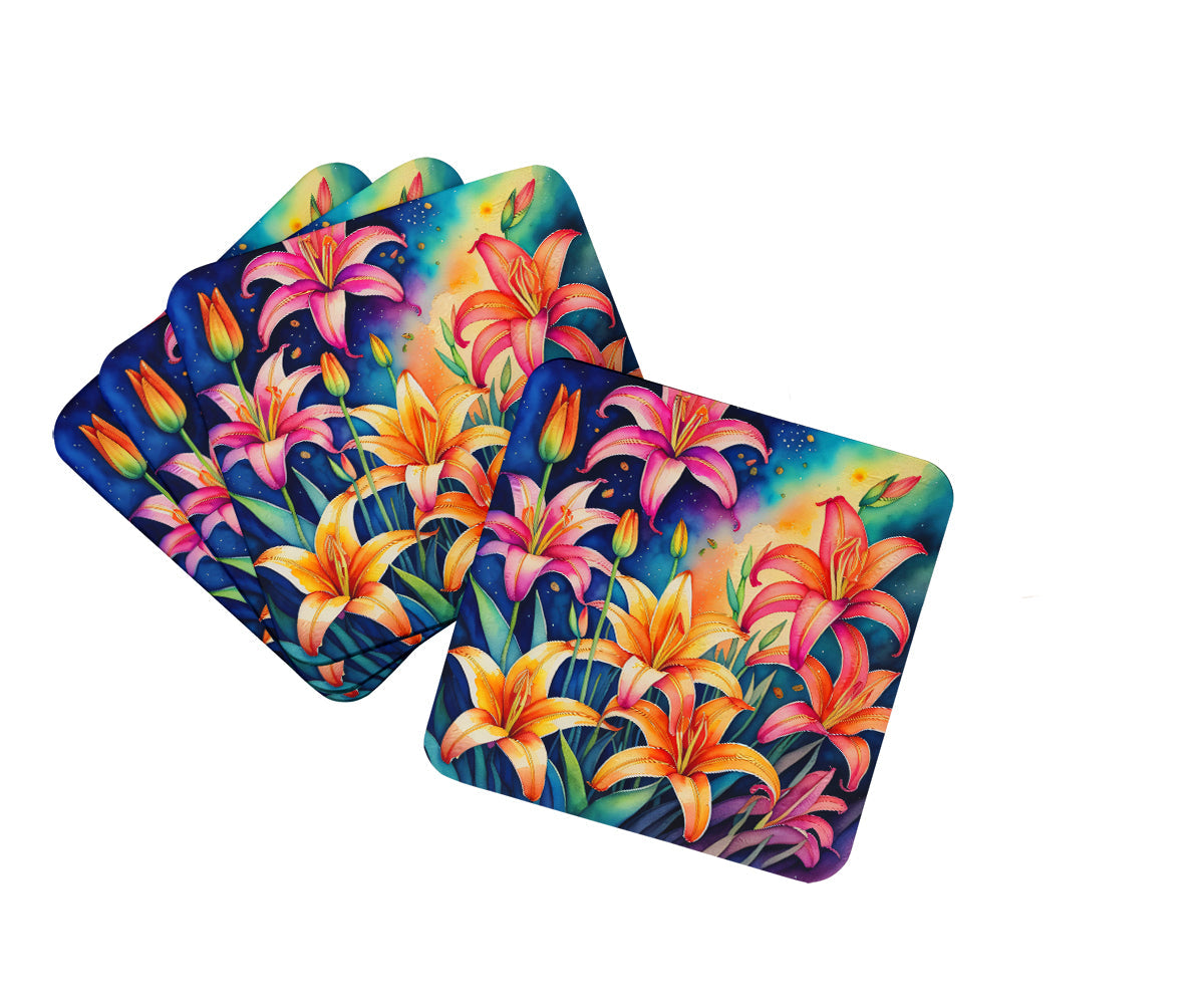 Colorful Lilies Foam Coasters Set of 4 Cup Coasters for Indoor Outdoor, Tabletop Protection, Anti Slip, Mouse pad Material