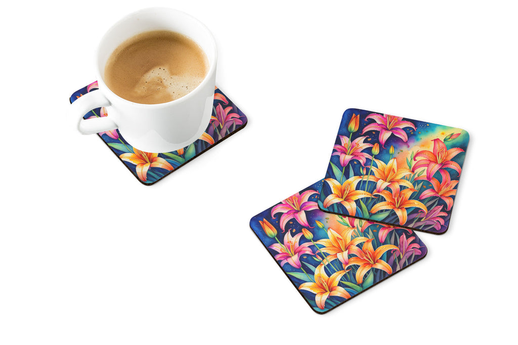 Colorful Lilies Foam Coasters Set of 4 Cup Coasters for Indoor Outdoor, Tabletop Protection, Anti Slip, Mouse pad Material