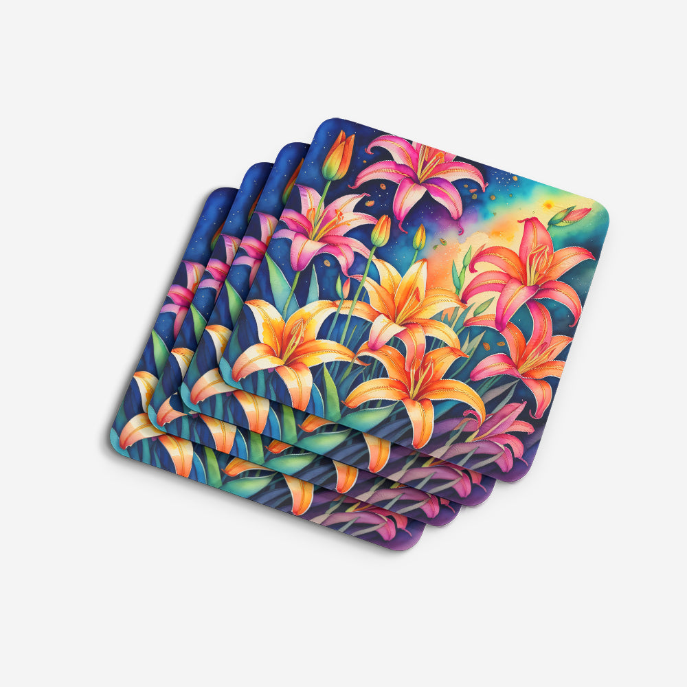 Colorful Lilies Foam Coasters Set of 4 Cup Coasters for Indoor Outdoor, Tabletop Protection, Anti Slip, Mouse pad Material