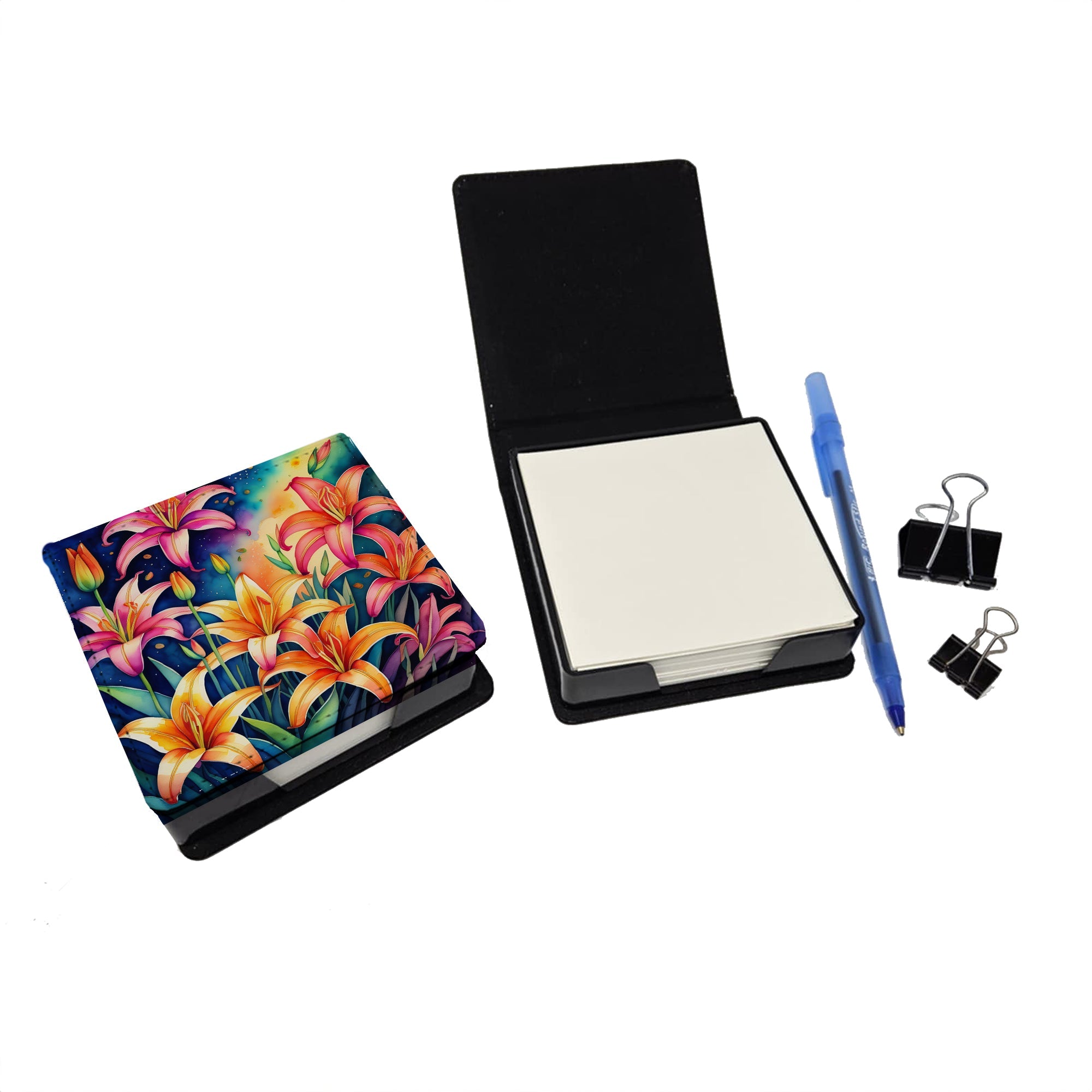 Colorful Lilies PU Leather Note Paper Holder with Artist-Designed Cover, Desk Accessory, Office Gift