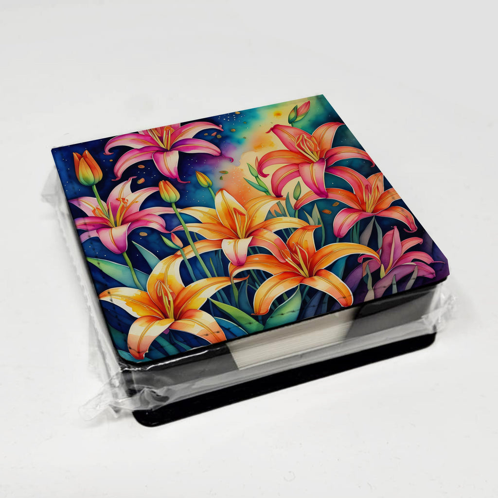 Colorful Lilies PU Leather Note Paper Holder with Artist-Designed Cover, Desk Accessory, Office Gift