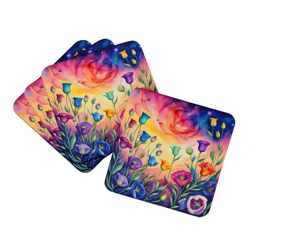 Colorful Lisianthus Foam Coasters Set of 4 Cup Coasters for Indoor Outdoor, Tabletop Protection, Anti Slip, Mouse pad Material
