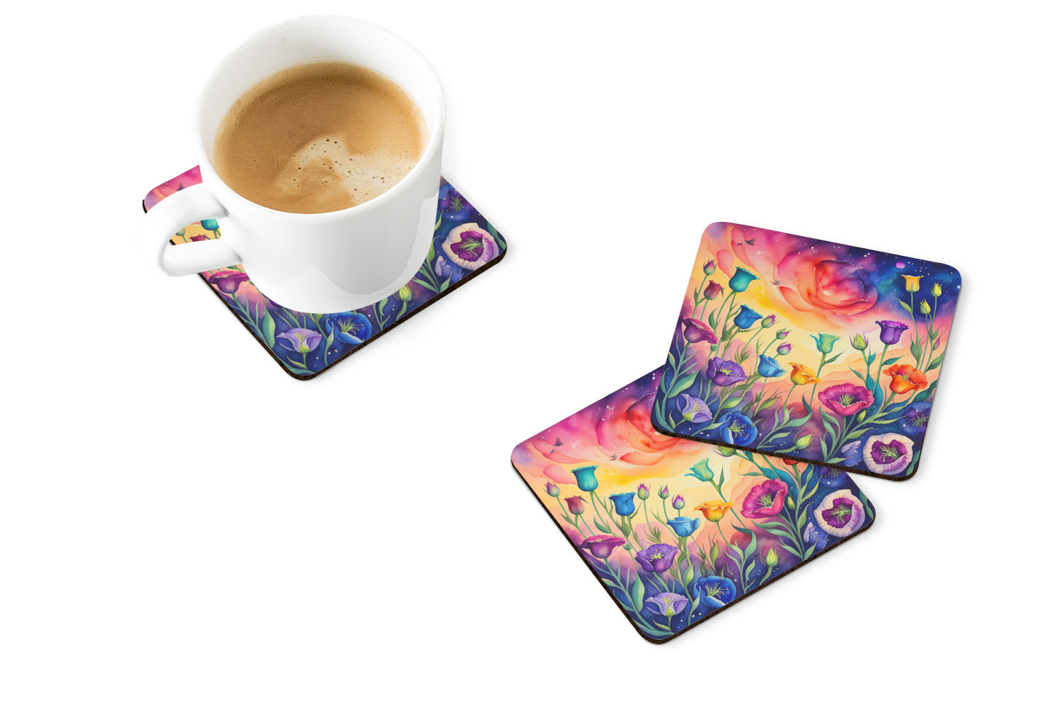 Colorful Lisianthus Foam Coasters Set of 4 Cup Coasters for Indoor Outdoor, Tabletop Protection, Anti Slip, Mouse pad Material