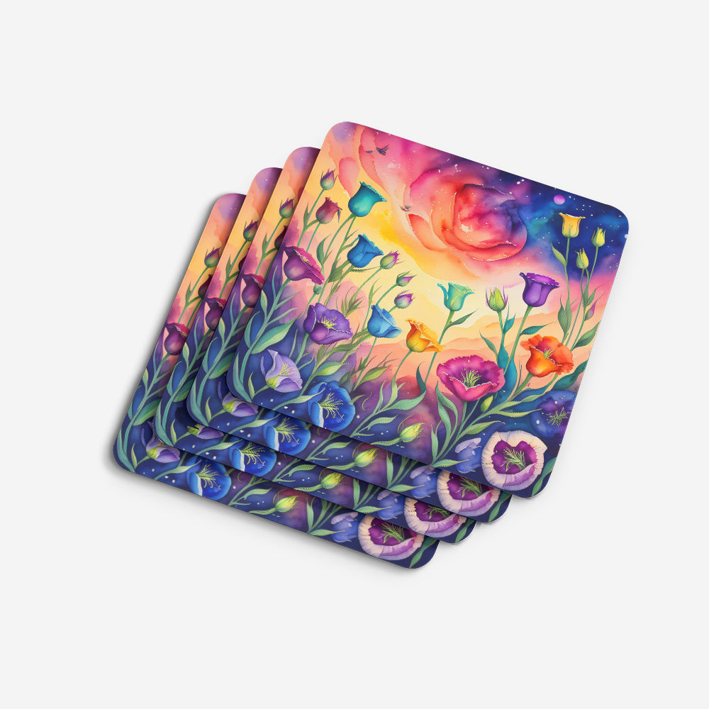 Colorful Lisianthus Foam Coasters Set of 4 Cup Coasters for Indoor Outdoor, Tabletop Protection, Anti Slip, Mouse pad Material