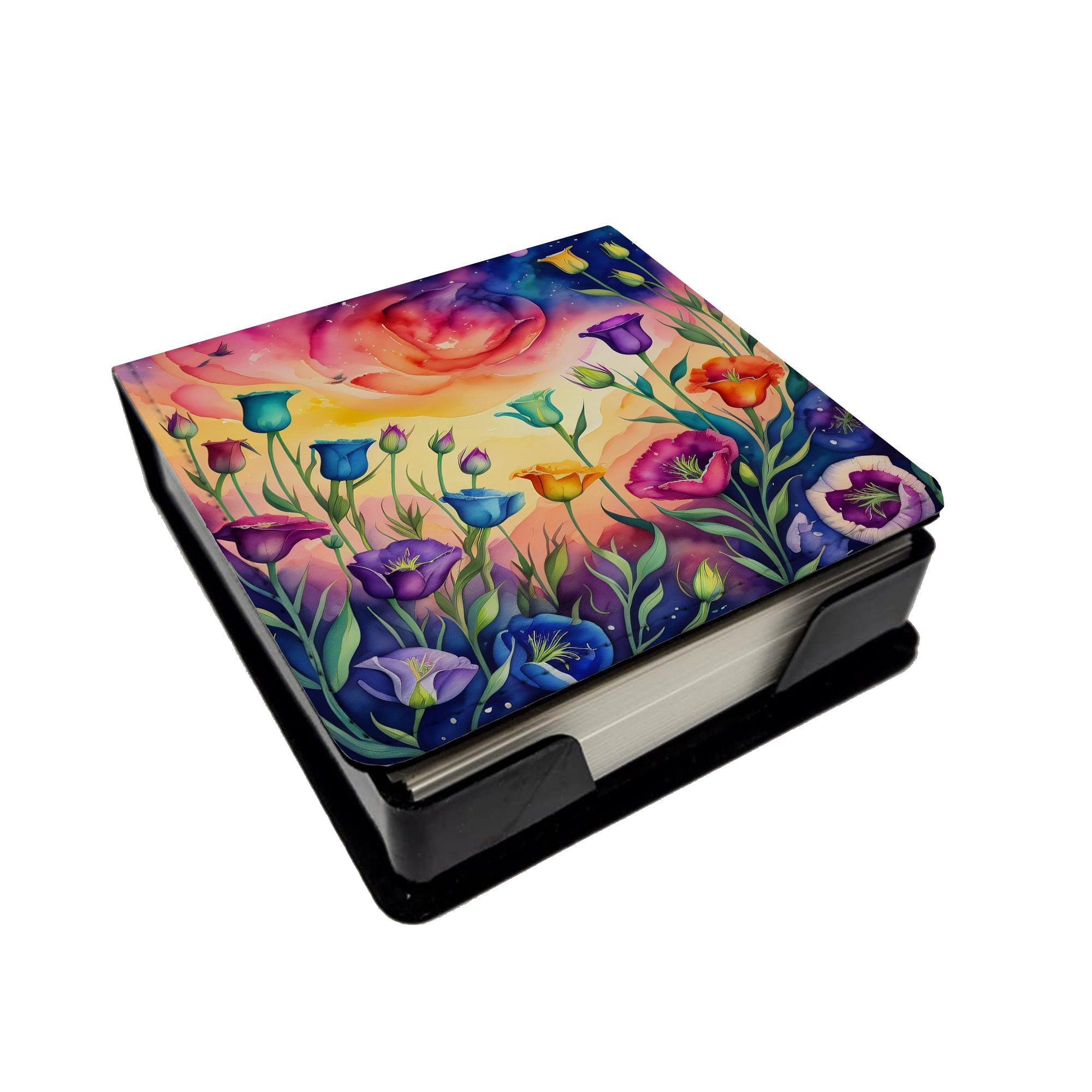 Colorful Lisianthus PU Leather Note Paper Holder with Artist-Designed Cover, Desk Accessory, Office Gift