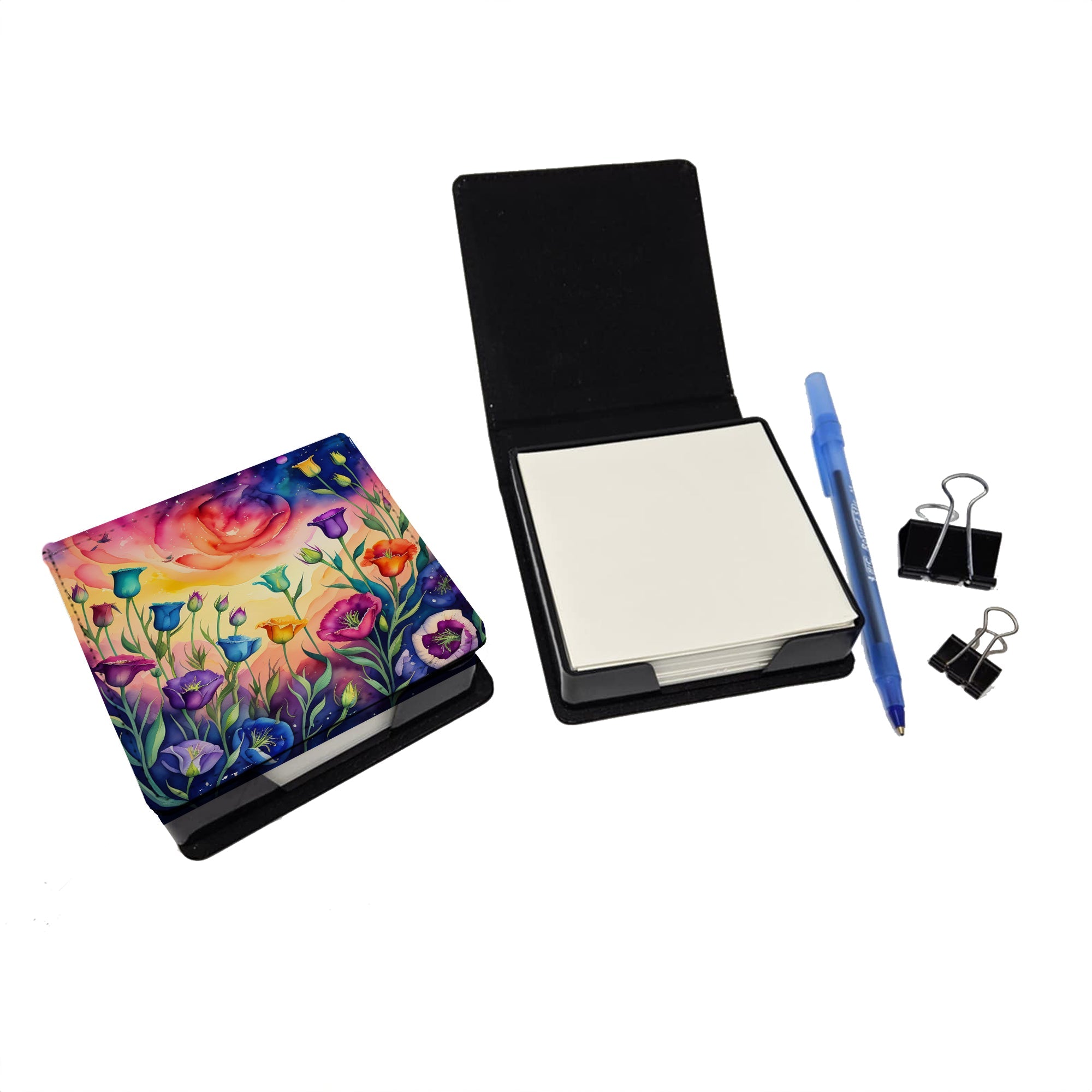 Colorful Lisianthus PU Leather Note Paper Holder with Artist-Designed Cover, Desk Accessory, Office Gift