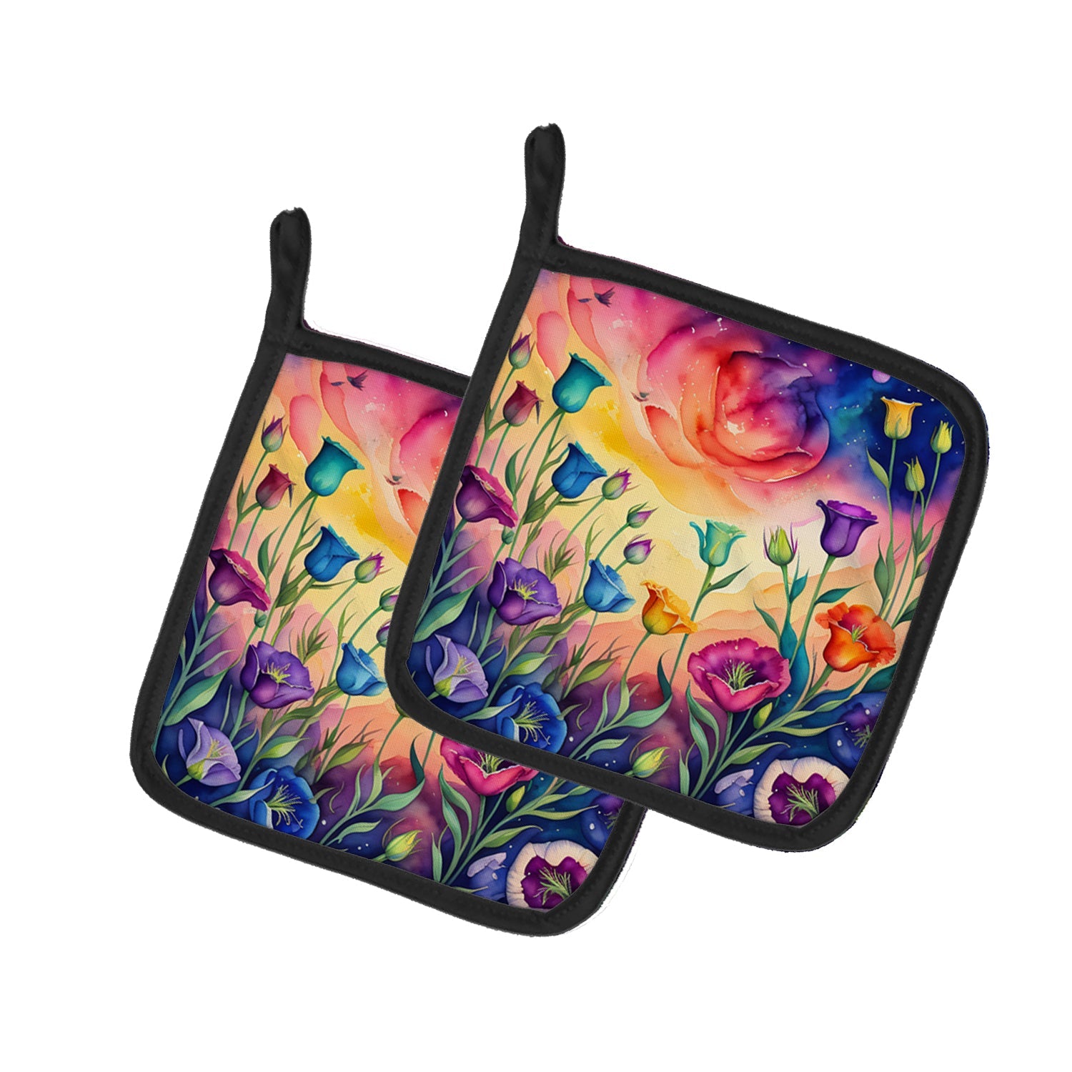 Colorful Lisianthus Pot Holder Set of 2 Heat Resistant Quilted Hot Pads 7.5 x 7.5 Inch, Insulated Kitchen Trivets for Cooking & Baking
