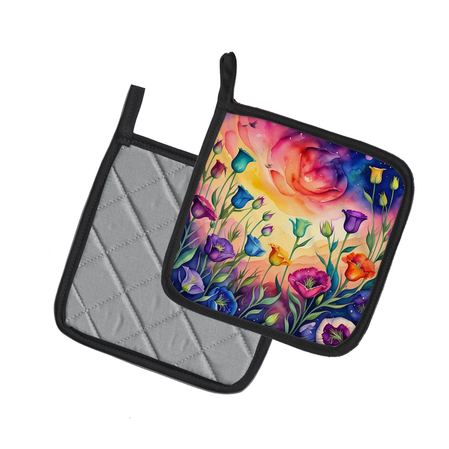 Colorful Lisianthus Pot Holder Set of 2 Heat Resistant Quilted Hot Pads 7.5 x 7.5 Inch, Insulated Kitchen Trivets for Cooking & Baking