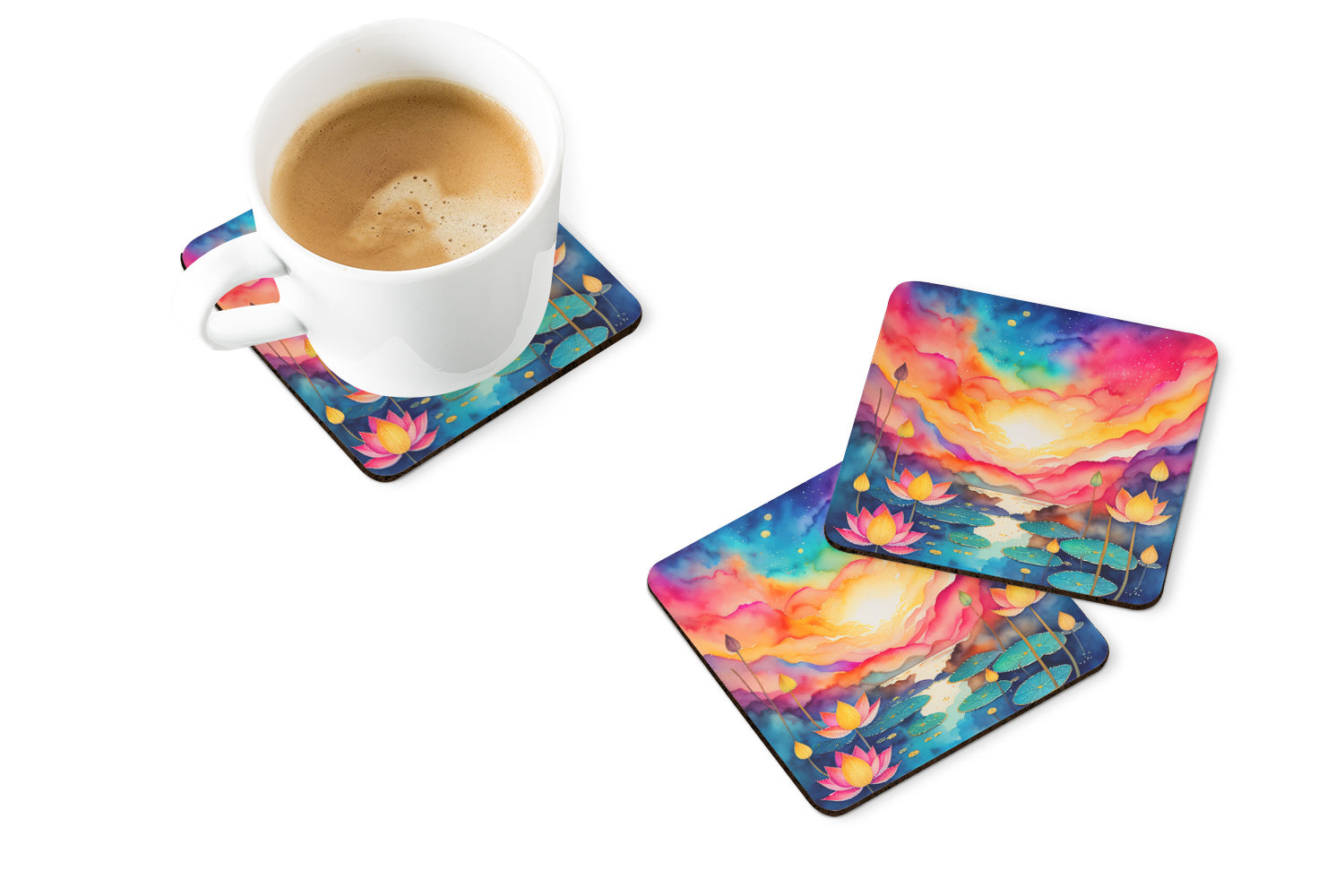 Colorful Lotus Foam Coasters Set of 4 Cup Coasters for Indoor Outdoor, Tabletop Protection, Anti Slip, Mouse pad Material