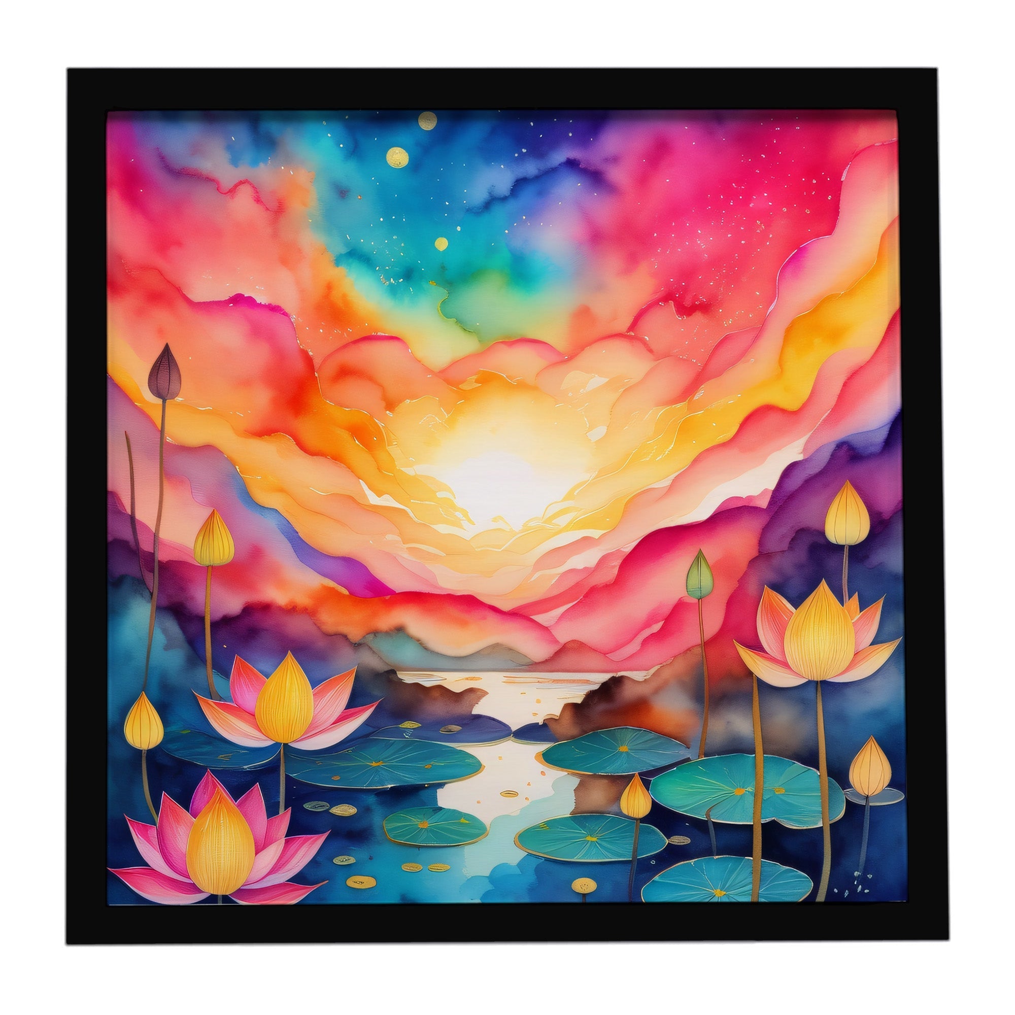 Colorful Lotus Framed Metal Print Bathroom, Kitchen, Office, Home Decor Wall Art Ready to Hang, Square, 8X8