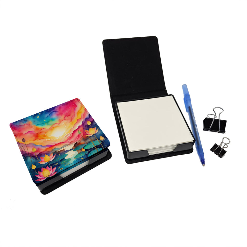 Colorful Lotus PU Leather Note Paper Holder with Artist-Designed Cover, Desk Accessory, Office Gift