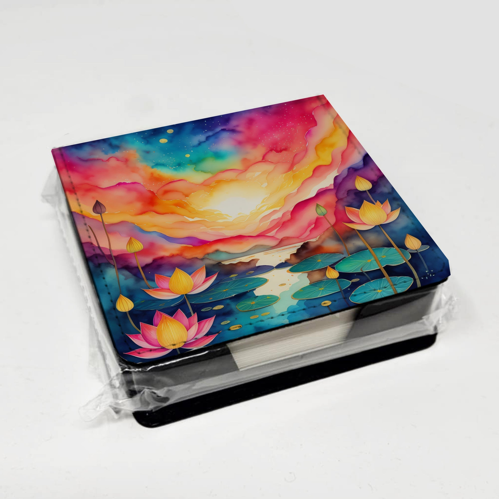 Colorful Lotus PU Leather Note Paper Holder with Artist-Designed Cover, Desk Accessory, Office Gift