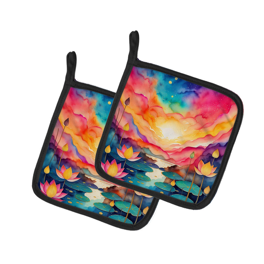 Colorful Lotus Pot Holder Set of 2 Heat Resistant Quilted Hot Pads 7.5 x 7.5 Inch, Insulated Kitchen Trivets for Cooking & Baking