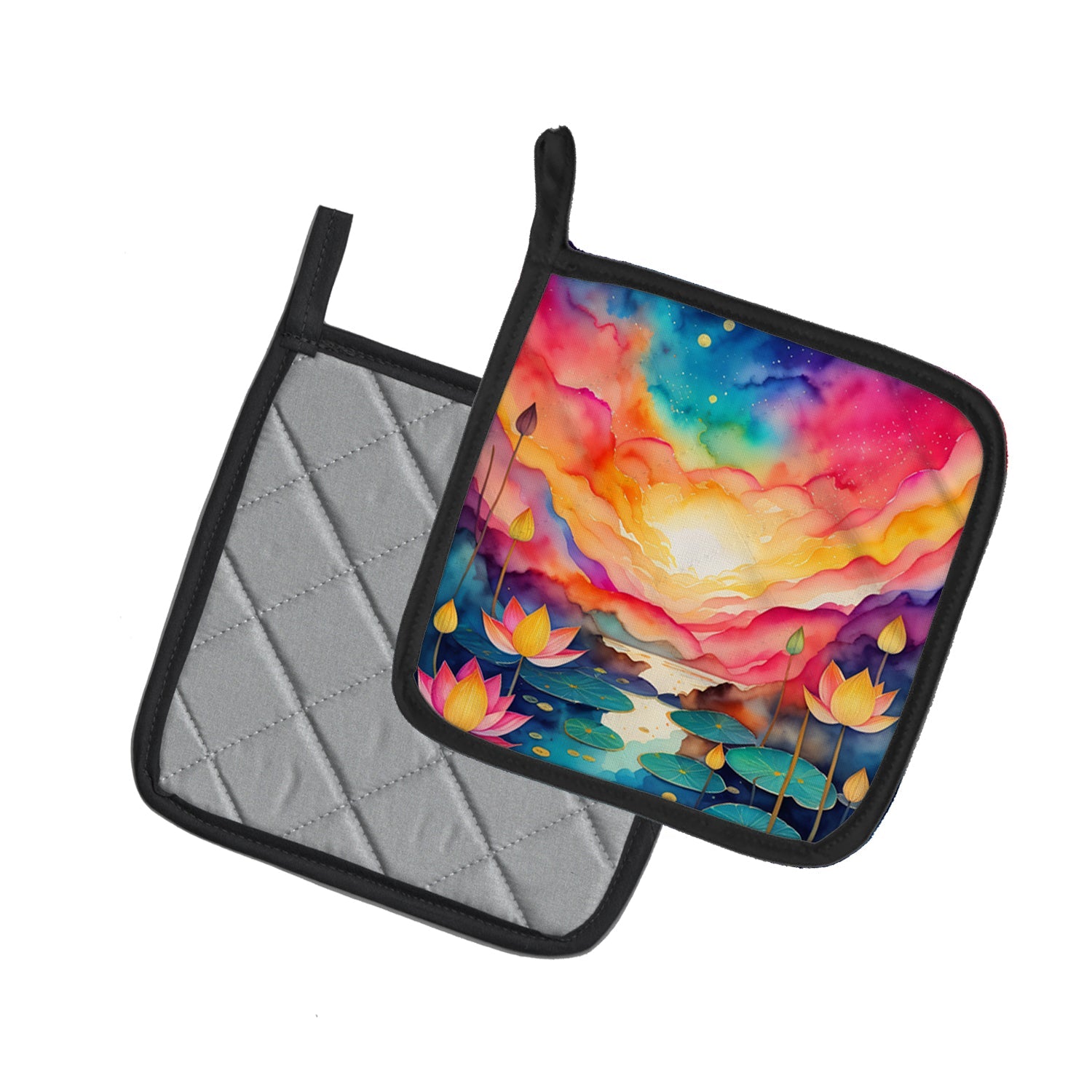Colorful Lotus Pot Holder Set of 2 Heat Resistant Quilted Hot Pads 7.5 x 7.5 Inch, Insulated Kitchen Trivets for Cooking & Baking