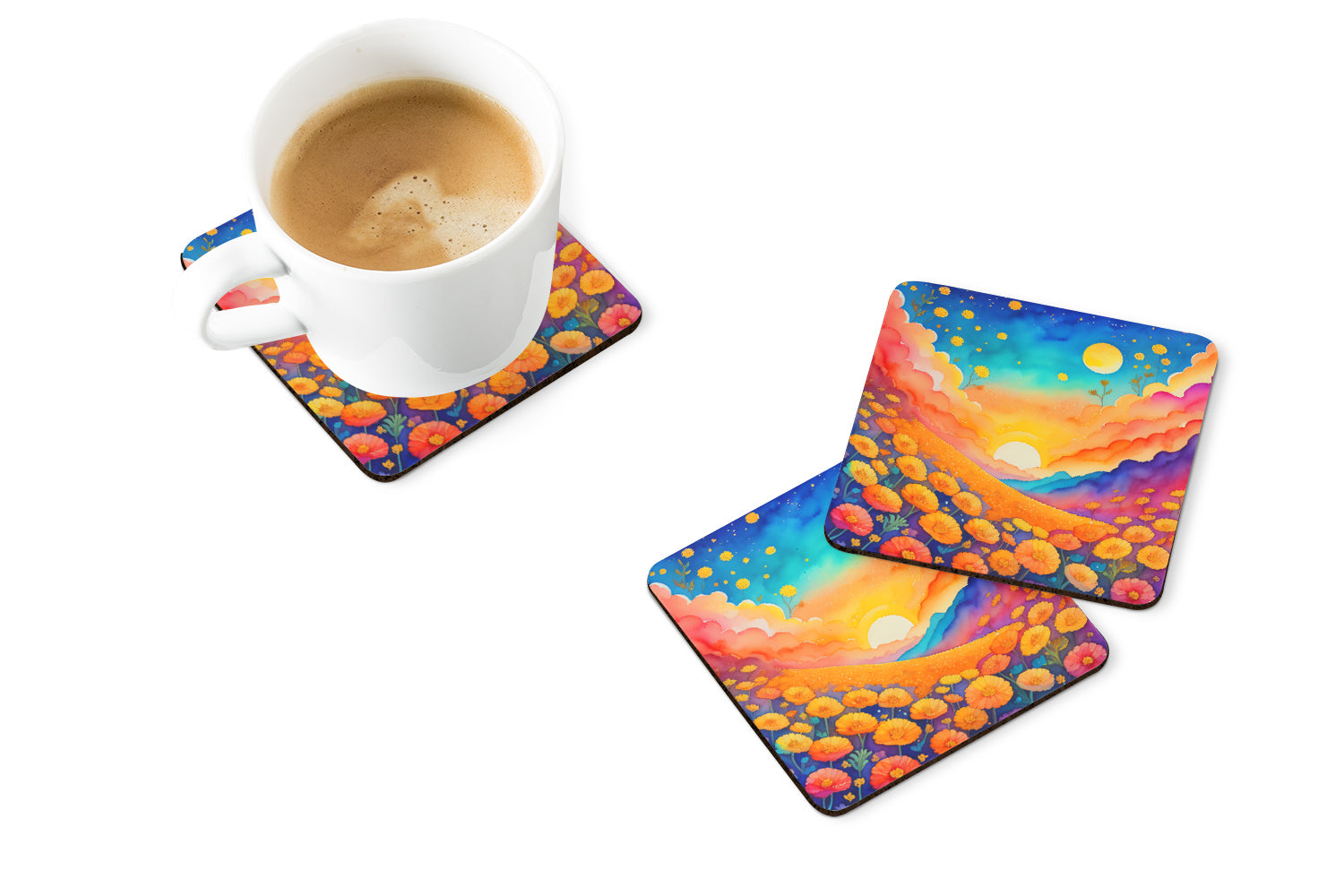 Colorful Marigolds Foam Coasters Set of 4 Cup Coasters for Indoor Outdoor, Tabletop Protection, Anti Slip, Mouse pad Material