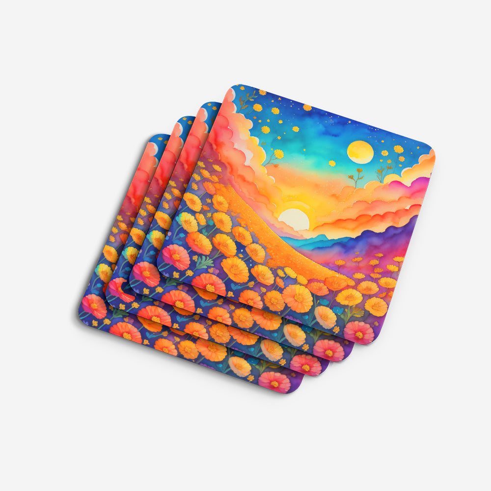 Colorful Marigolds Foam Coasters Set of 4 Cup Coasters for Indoor Outdoor, Tabletop Protection, Anti Slip, Mouse pad Material