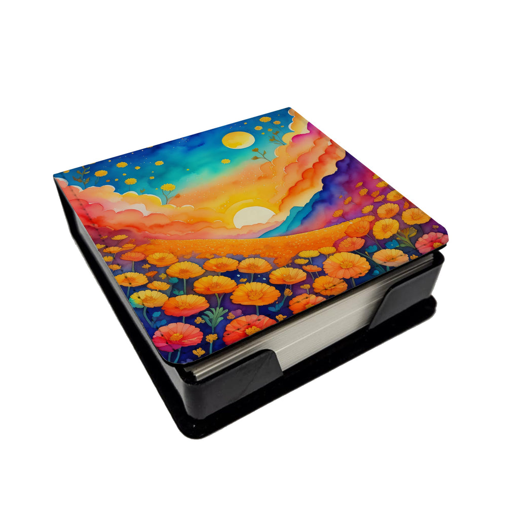 Colorful Marigolds PU Leather Note Paper Holder with Artist-Designed Cover, Desk Accessory, Office Gift