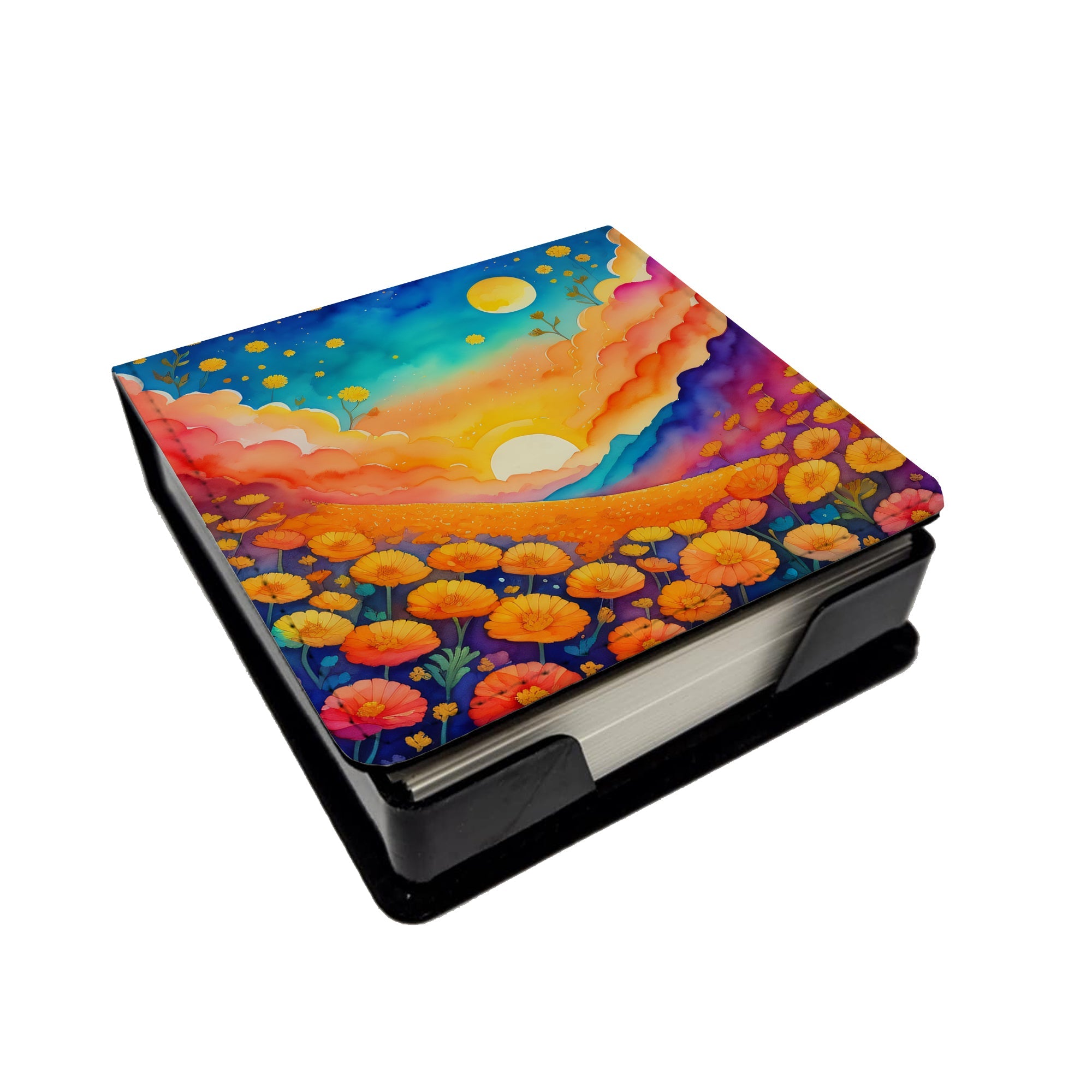 Colorful Marigolds PU Leather Note Paper Holder with Artist-Designed Cover, Desk Accessory, Office Gift