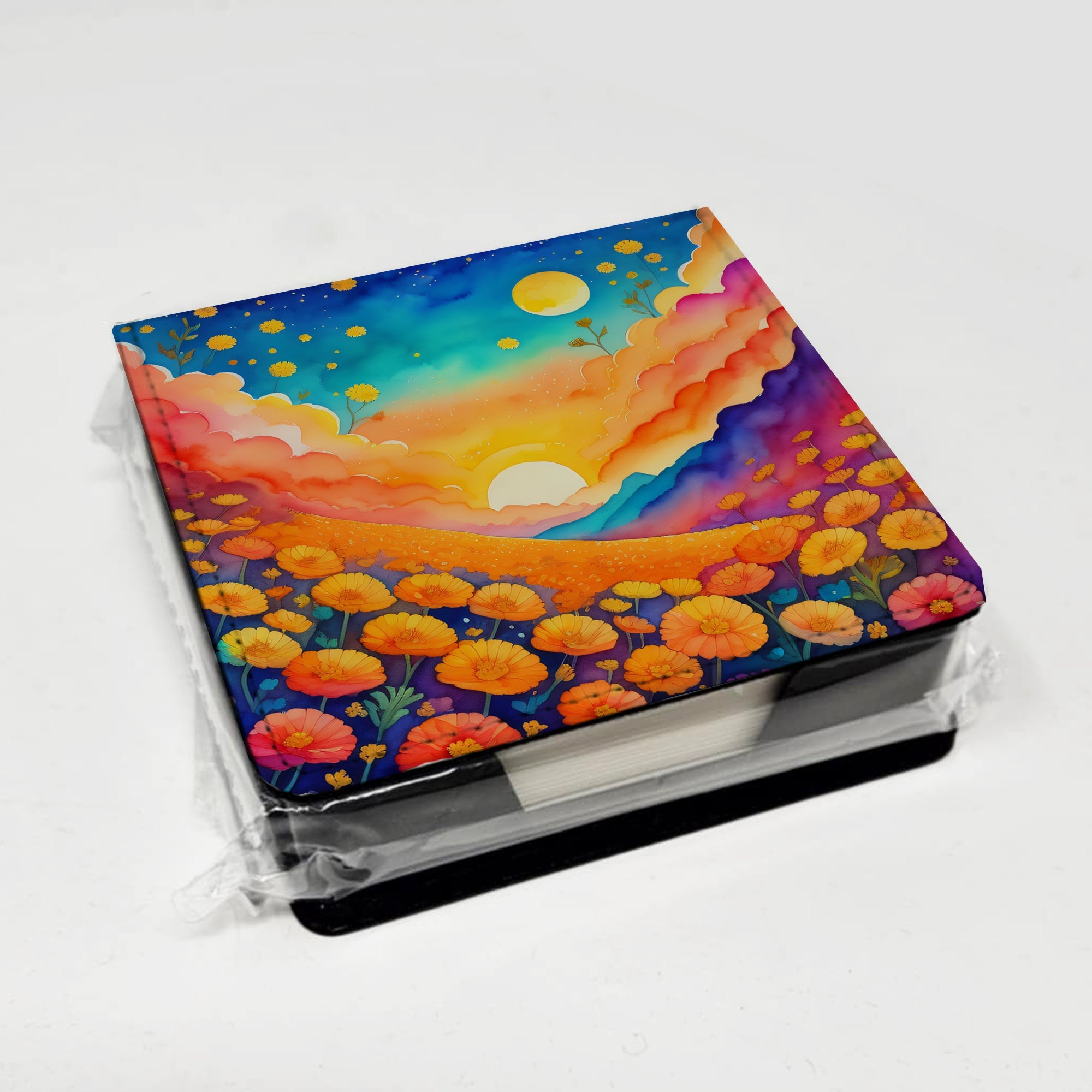 Colorful Marigolds PU Leather Note Paper Holder with Artist-Designed Cover, Desk Accessory, Office Gift