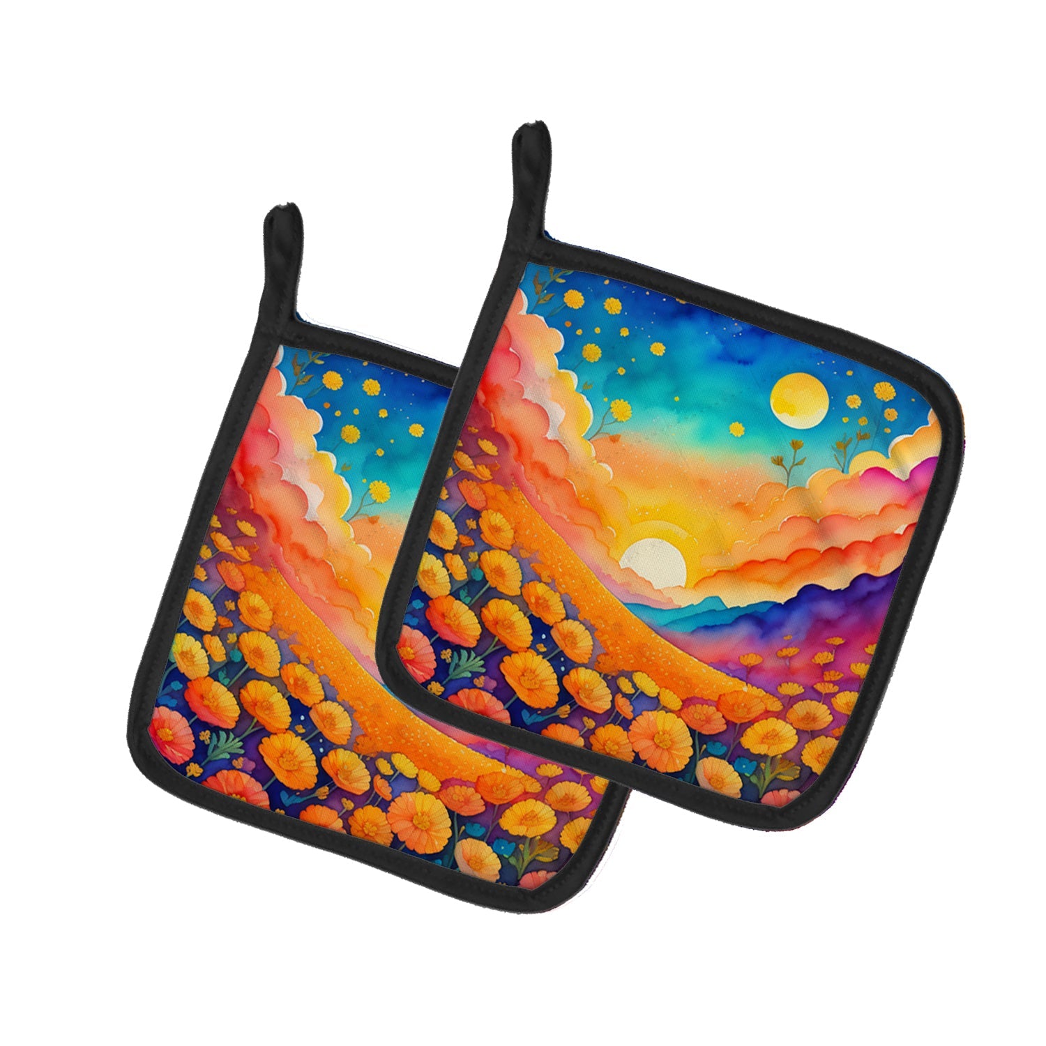 Colorful Marigolds Pot Holder Set of 2 Heat Resistant Quilted Hot Pads 7.5 x 7.5 Inch, Insulated Kitchen Trivets for Cooking & Baking