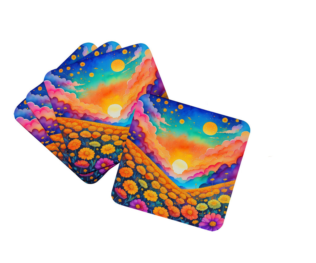 Colorful Marigolds Foam Coasters Set of 4 Cup Coasters for Indoor Outdoor, Tabletop Protection, Anti Slip, Mouse pad Material